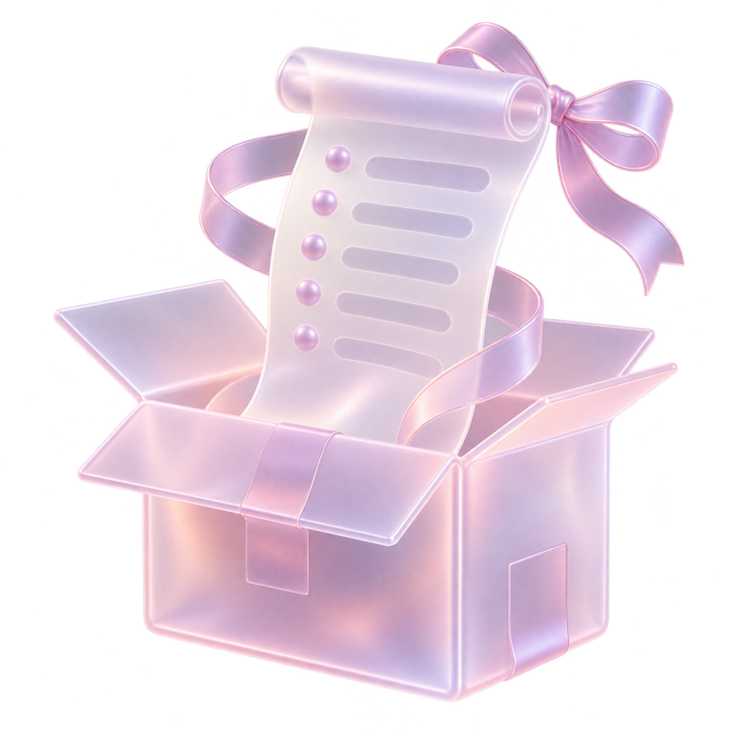 A frosted milk glass parcel with a wishlist scroll rising out of it